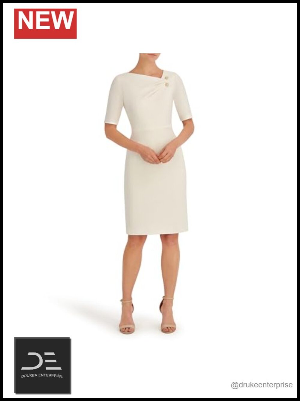 Anne Klein Asymmetric Neckline Sheath Dress Gold-Tone Button Detail